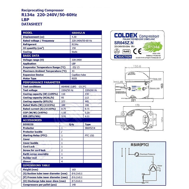 COMPRESSOR COLDEX R134A  1/8 HP Volt 220/240 V